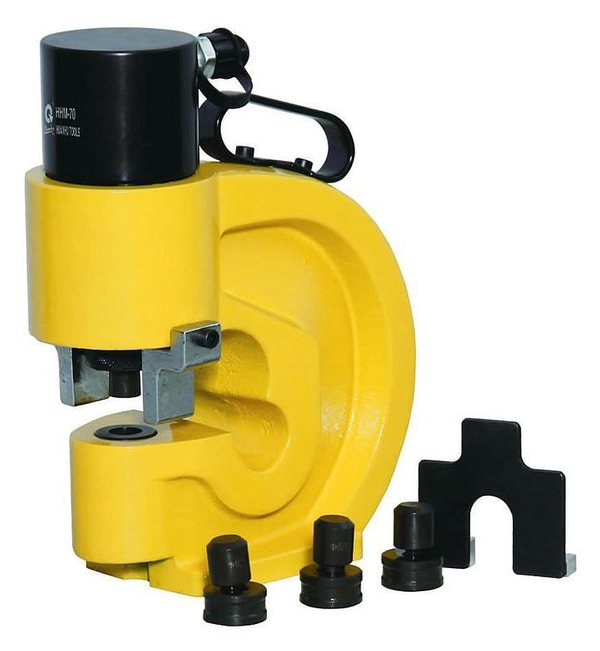 Hydraulische Presse mit C-Rahmen und drei austauschbaren Werkzeugeinsätzen